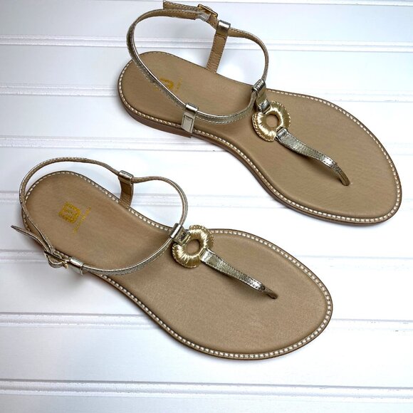 Bruno Magli Jenna Women 9.5 Gold Leather T-Strap Sandals Made in Portugal Raffia - Picture 2 of 11